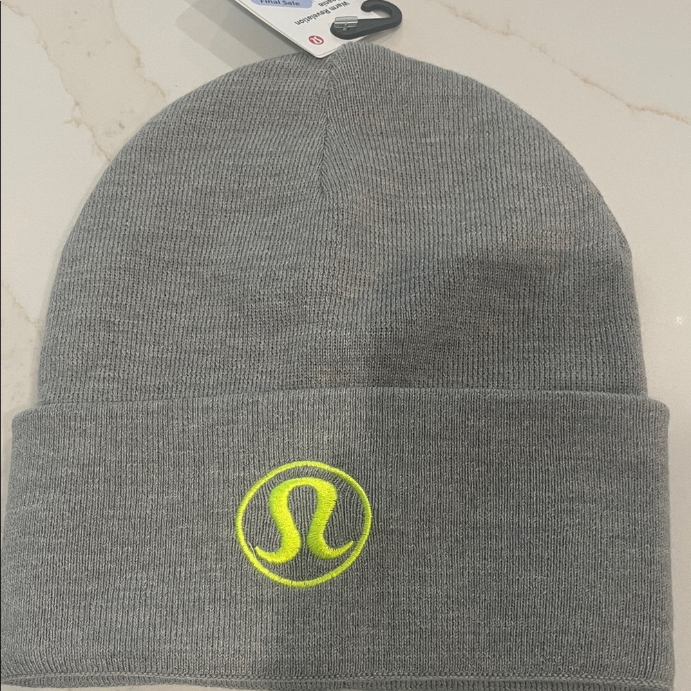 Lululemon Gray Beanie with Lemon-lime Logo, new, one size unisex merino blend